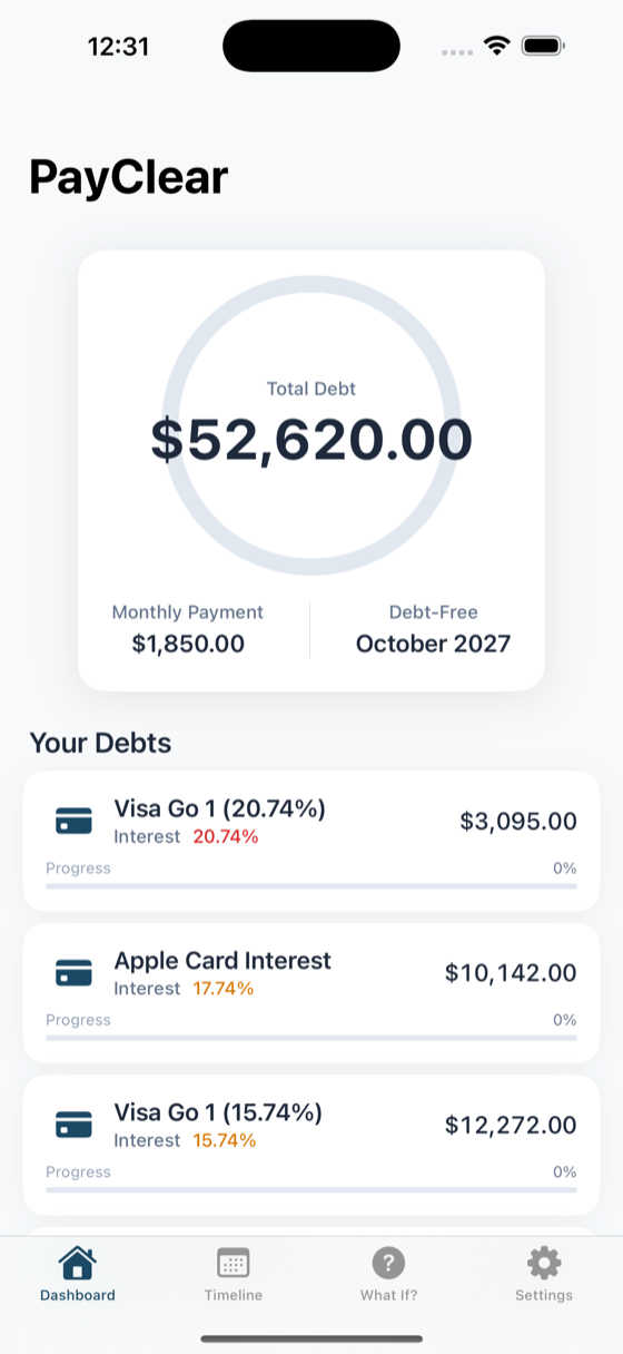 PayClear dashboard showing total debt, monthly payment, debt-free date, and list of debts with APR rates