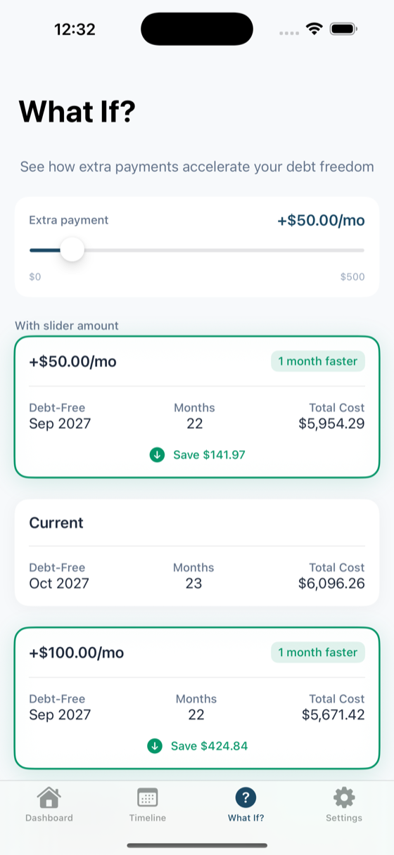 PayClear What-If Scenarios - Model extra payments